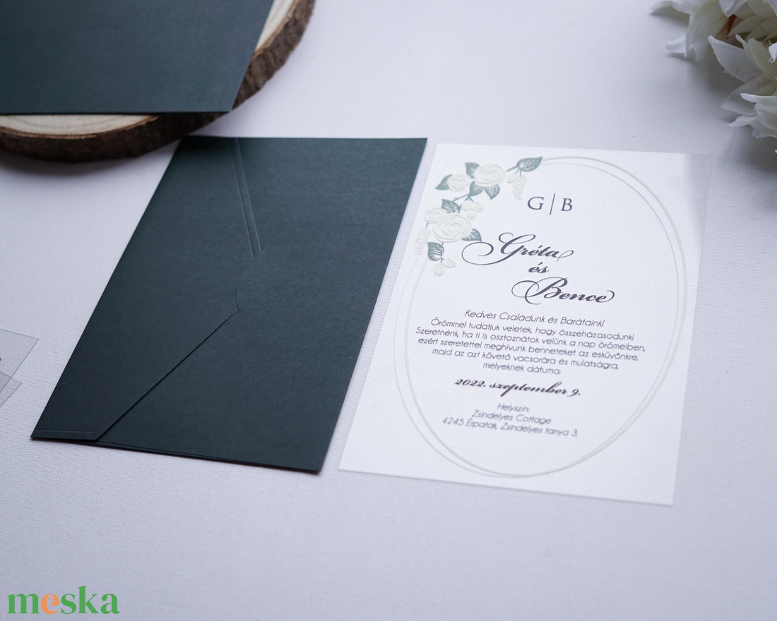 Plexi  esküvői meghívó sötét zöld borítékkal, akril meghívó, virágos meghívó, átlátszó meghívó - esküvő - meghívó & kártya - meghívó - Meska.hu