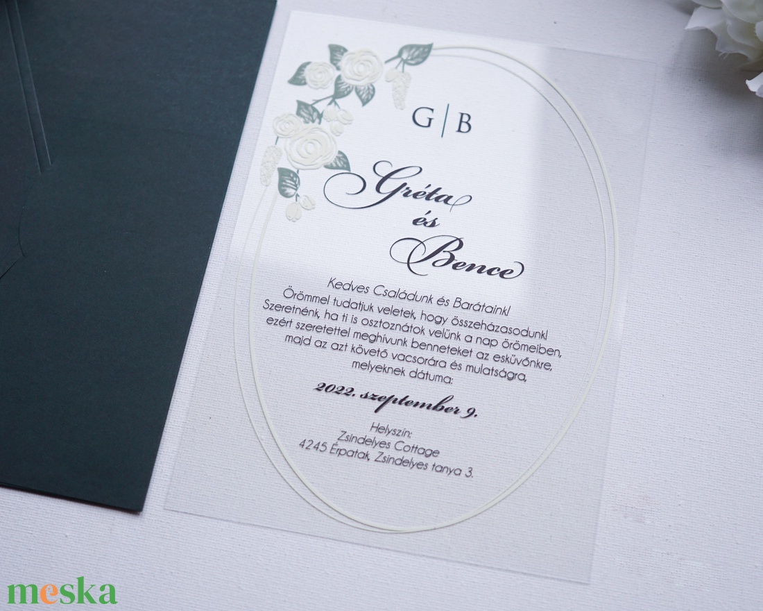 Plexi  esküvői meghívó sötét zöld borítékkal, akril meghívó, virágos meghívó, átlátszó meghívó - esküvő - meghívó & kártya - meghívó - Meska.hu