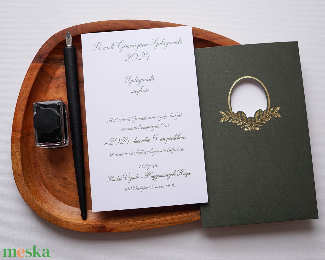 Szalagavató meghívó, elegáns arany levélmintás zöld tokban - esküvő - meghívó & kártya - meghívó - Meska.hu