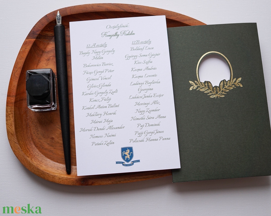 Szalagavató meghívó, elegáns arany levélmintás zöld tokban - esküvő - meghívó & kártya - meghívó - Meska.hu