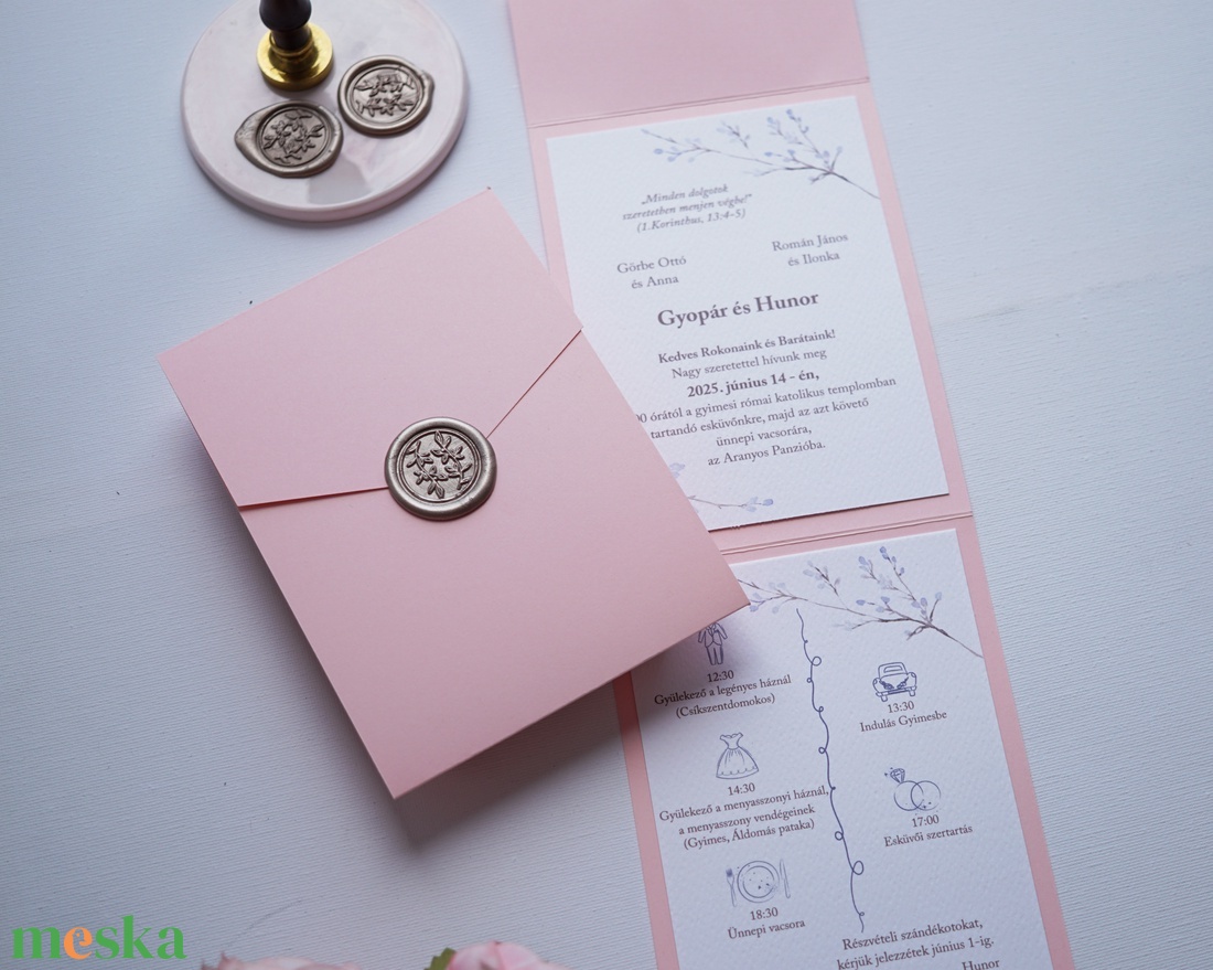 Rózsaszín kinyitható esküvői meghívó, viaszpecséttel, zsebes meghívó, borítékra hajtható meghívó - esküvő - meghívó & kártya - meghívó - Meska.hu