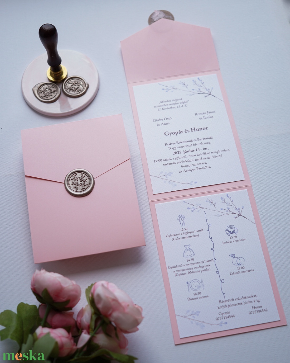 Rózsaszín kinyitható esküvői meghívó, viaszpecséttel, zsebes meghívó, borítékra hajtható meghívó - esküvő - meghívó & kártya - meghívó - Meska.hu