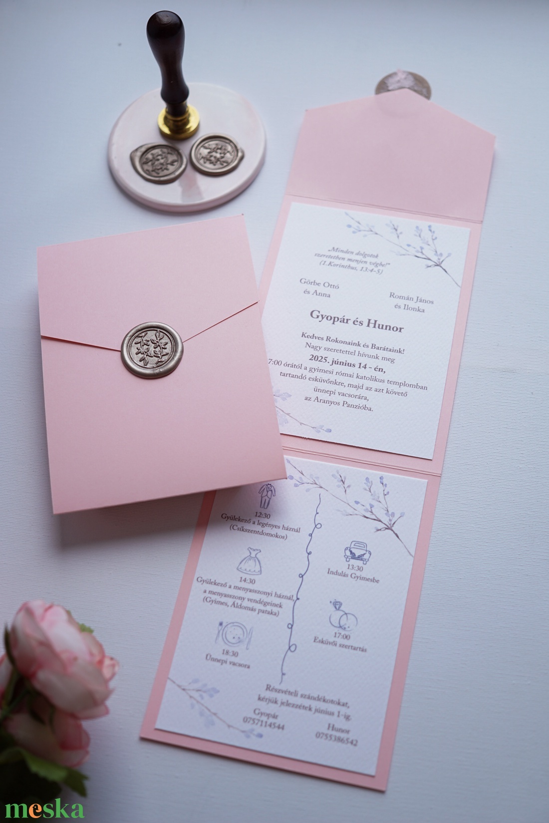 Rózsaszín kinyitható esküvői meghívó, viaszpecséttel, zsebes meghívó, borítékra hajtható meghívó - esküvő - meghívó & kártya - meghívó - Meska.hu