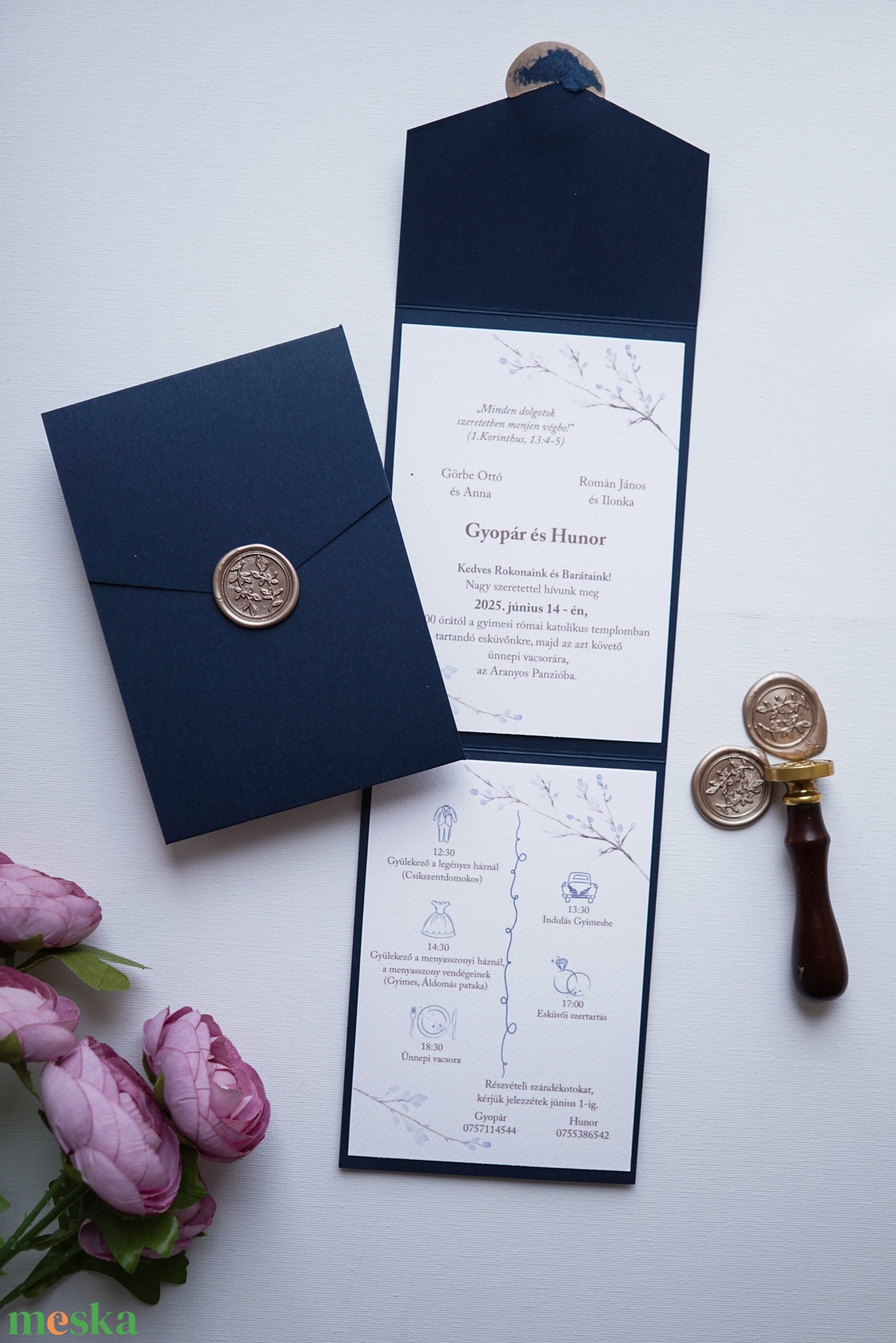 Tengerészkék kinyitható esküvői meghívó, viaszpecséttel, zsebes meghívó, borítékra hajtható meghívó - esküvő - meghívó & kártya - meghívó - Meska.hu