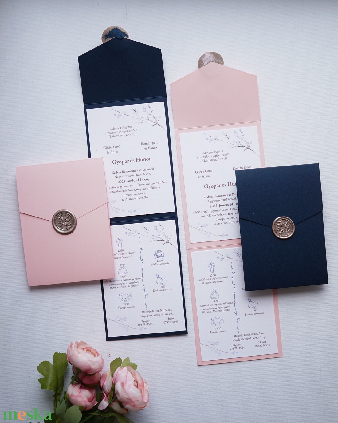 Tengerészkék kinyitható esküvői meghívó, viaszpecséttel, zsebes meghívó, borítékra hajtható meghívó - esküvő - meghívó & kártya - meghívó - Meska.hu