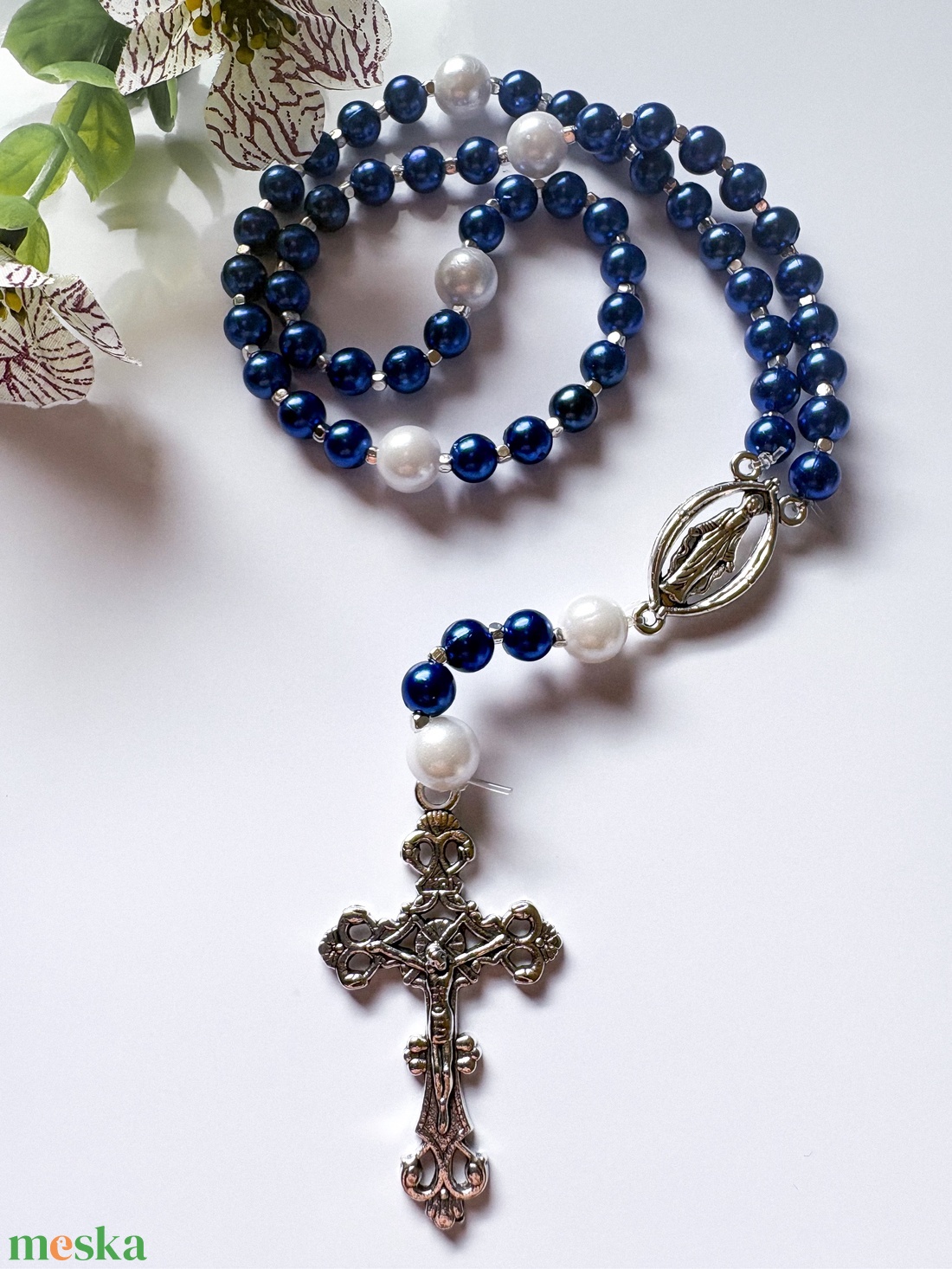 Selyemfényű Tekla Gyöngy Rózsafüzér � Antik Ezüst Díszekkel (Öttizedes) - ékszer - nyaklánc - monogram & névnyaklánc - Meska.hu