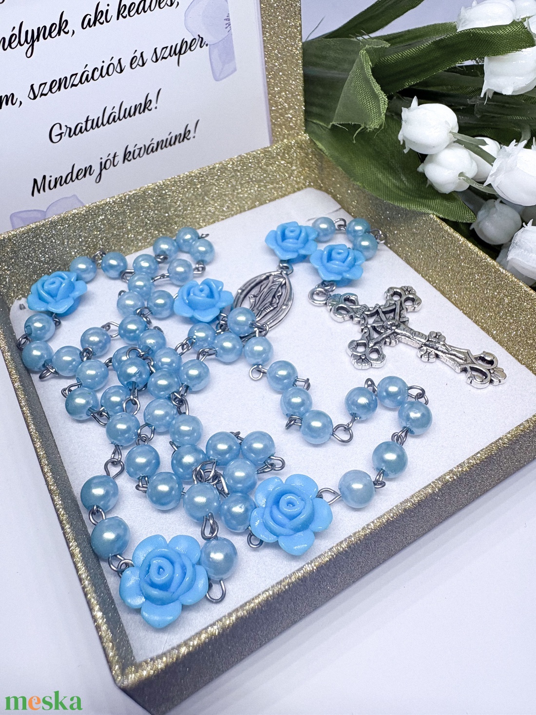 Elegáns Rózsafüzér Kék  Rózsákkal és Gyöngyökkel � Díszdobozban - otthon & életmód - vallás - lánc & füzér - Meska.hu