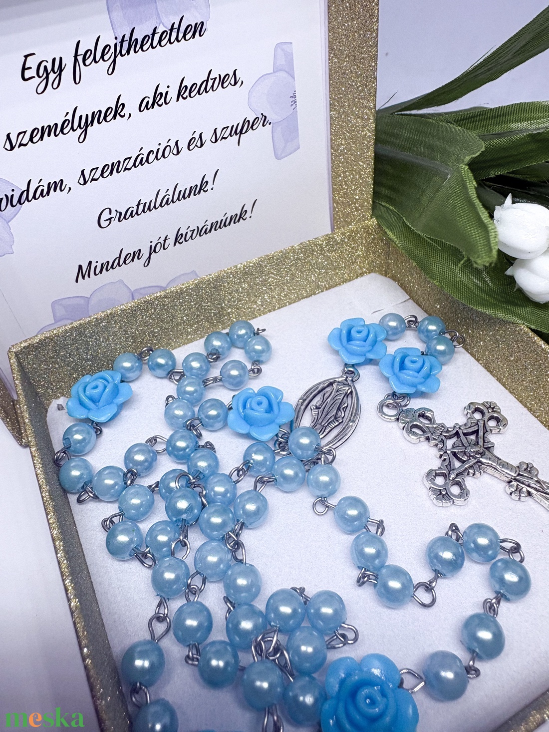 Elegáns Rózsafüzér Kék  Rózsákkal és Gyöngyökkel � Díszdobozban - otthon & életmód - vallás - lánc & füzér - Meska.hu