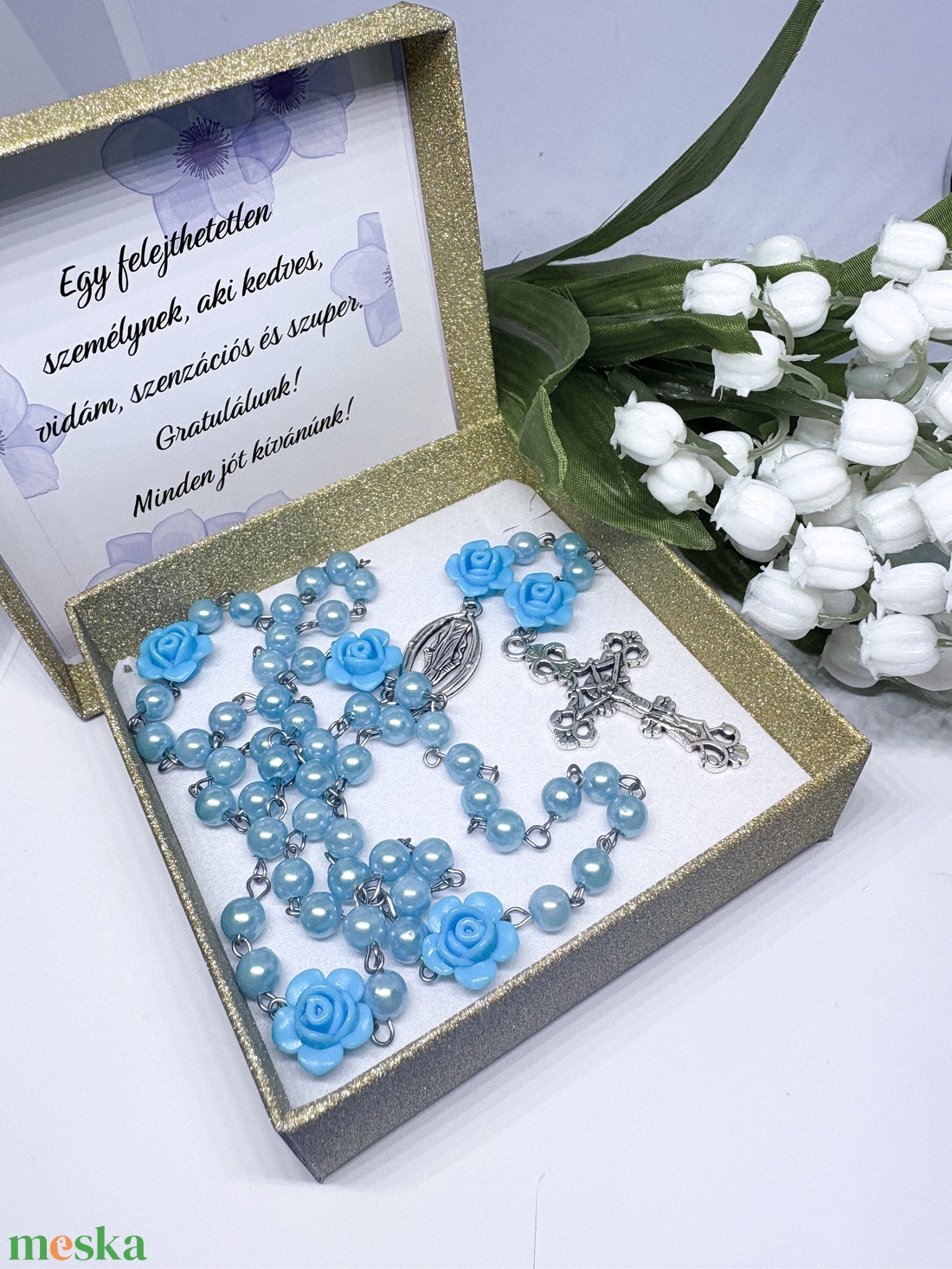 Elegáns Rózsafüzér Kék  Rózsákkal és Gyöngyökkel � Díszdobozban - otthon & életmód - vallás - lánc & füzér - Meska.hu