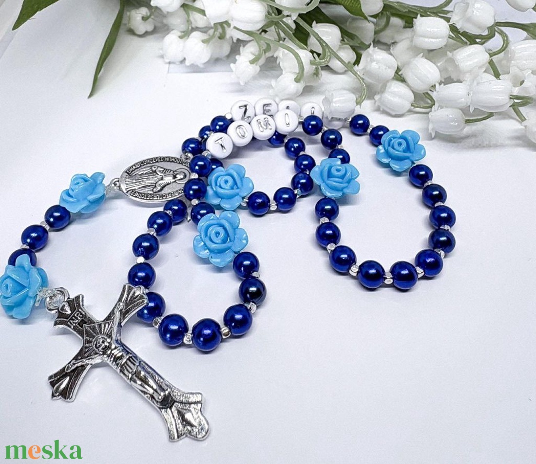  Egyedi gyöngyös rózsafüzér � kék névreszóló  - ékszer - nyaklánc - monogram & névnyaklánc - Meska.hu