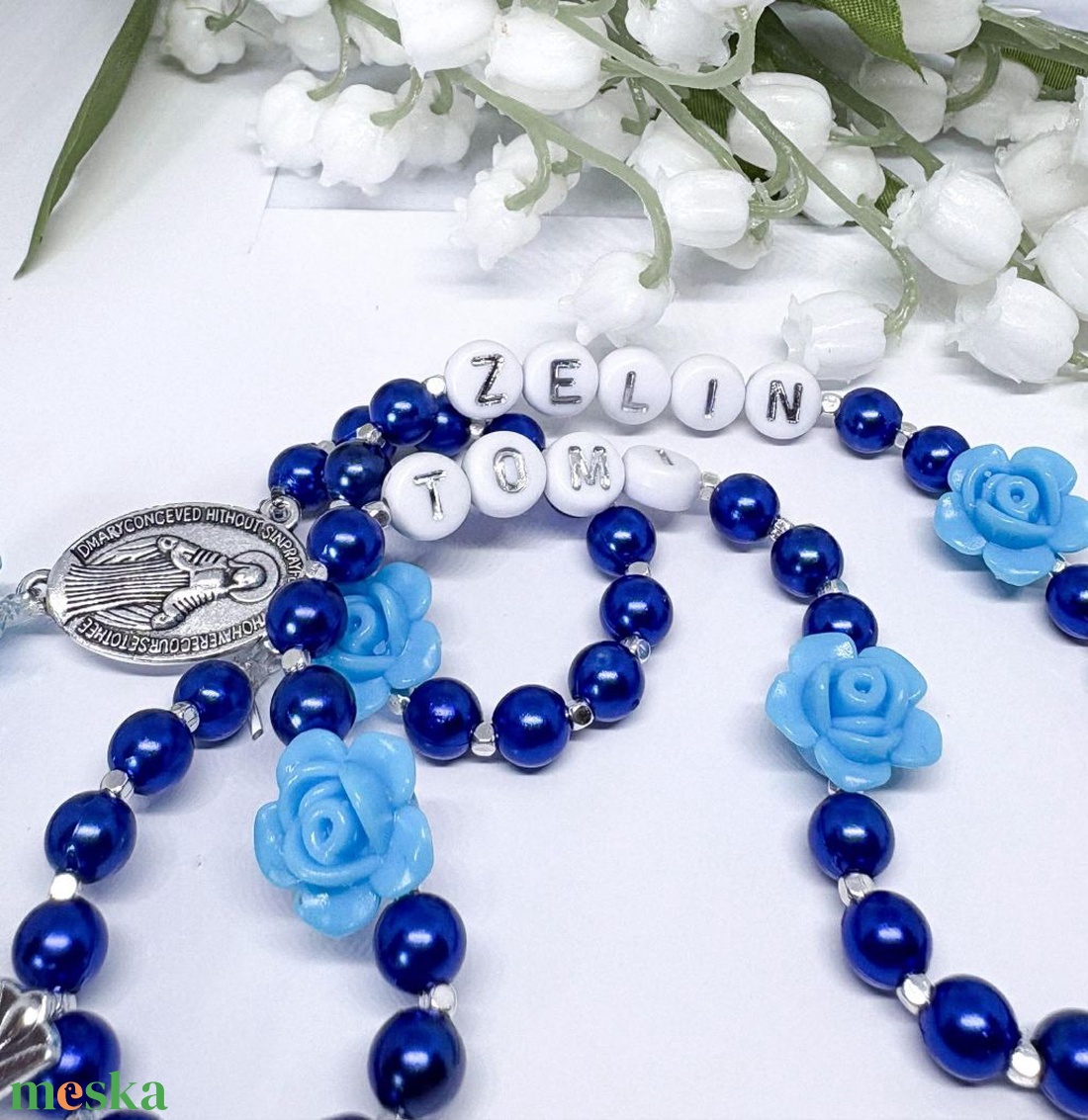 Egyedi gyöngyös rózsafüzér � kék névreszóló  - ékszer - nyaklánc - monogram & névnyaklánc - Meska.hu