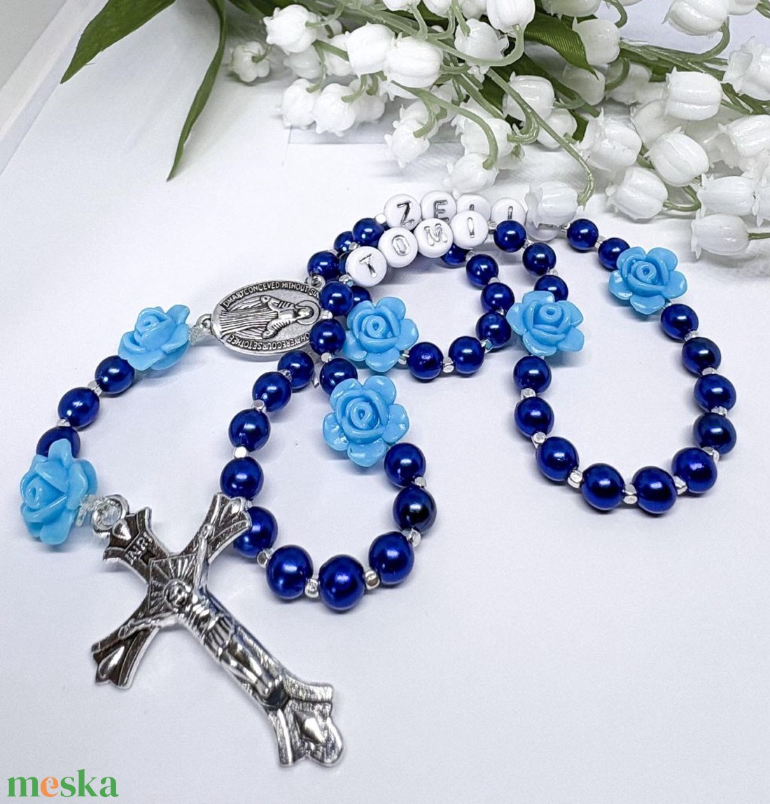  Egyedi gyöngyös rózsafüzér � kék névreszóló  - ékszer - nyaklánc - monogram & névnyaklánc - Meska.hu