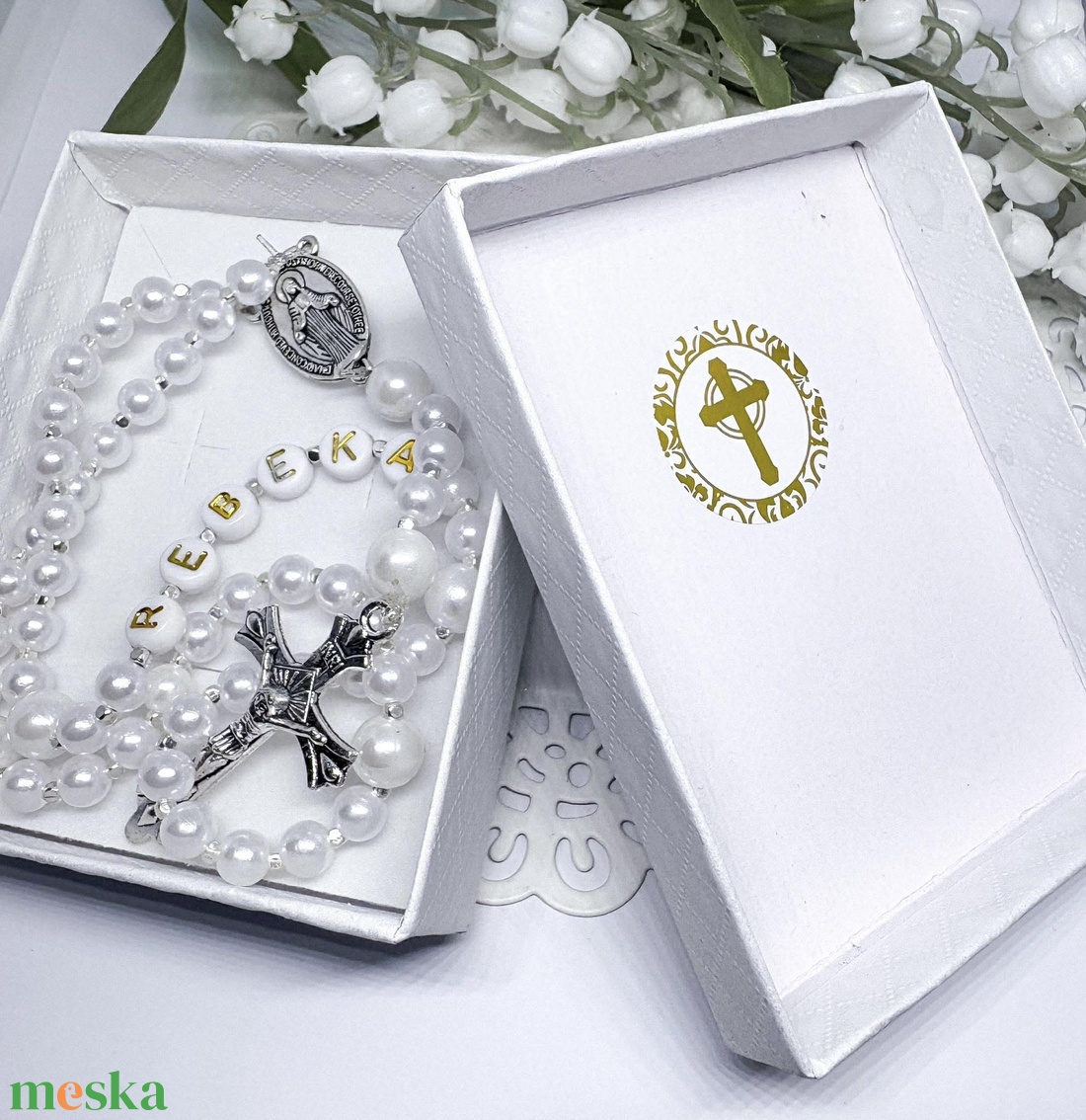 Hófehér Teklagyöngy Névre szóló Rózsafüzér � Prémium Díszdobozban - otthon & életmód - vallás - lánc & füzér - Meska.hu