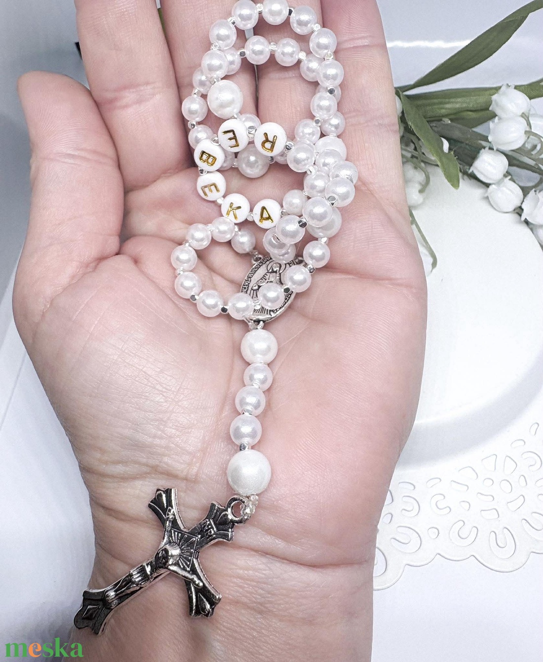 Hófehér Teklagyöngy Névre szóló Rózsafüzér � Prémium Díszdobozban - otthon & életmód - vallás - lánc & füzér - Meska.hu