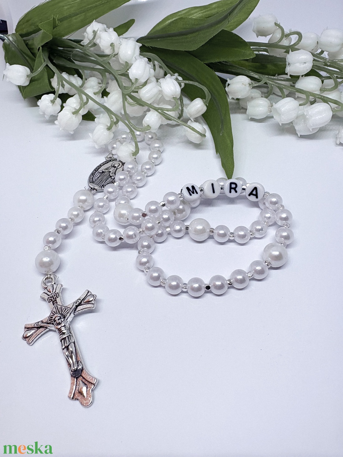 Névre szóló hófehér teklagyöngy rózsafüzér � Egyedi ajándék keresztelőre, elsőáldozásra - otthon & életmód - vallás - lánc & füzér - Meska.hu