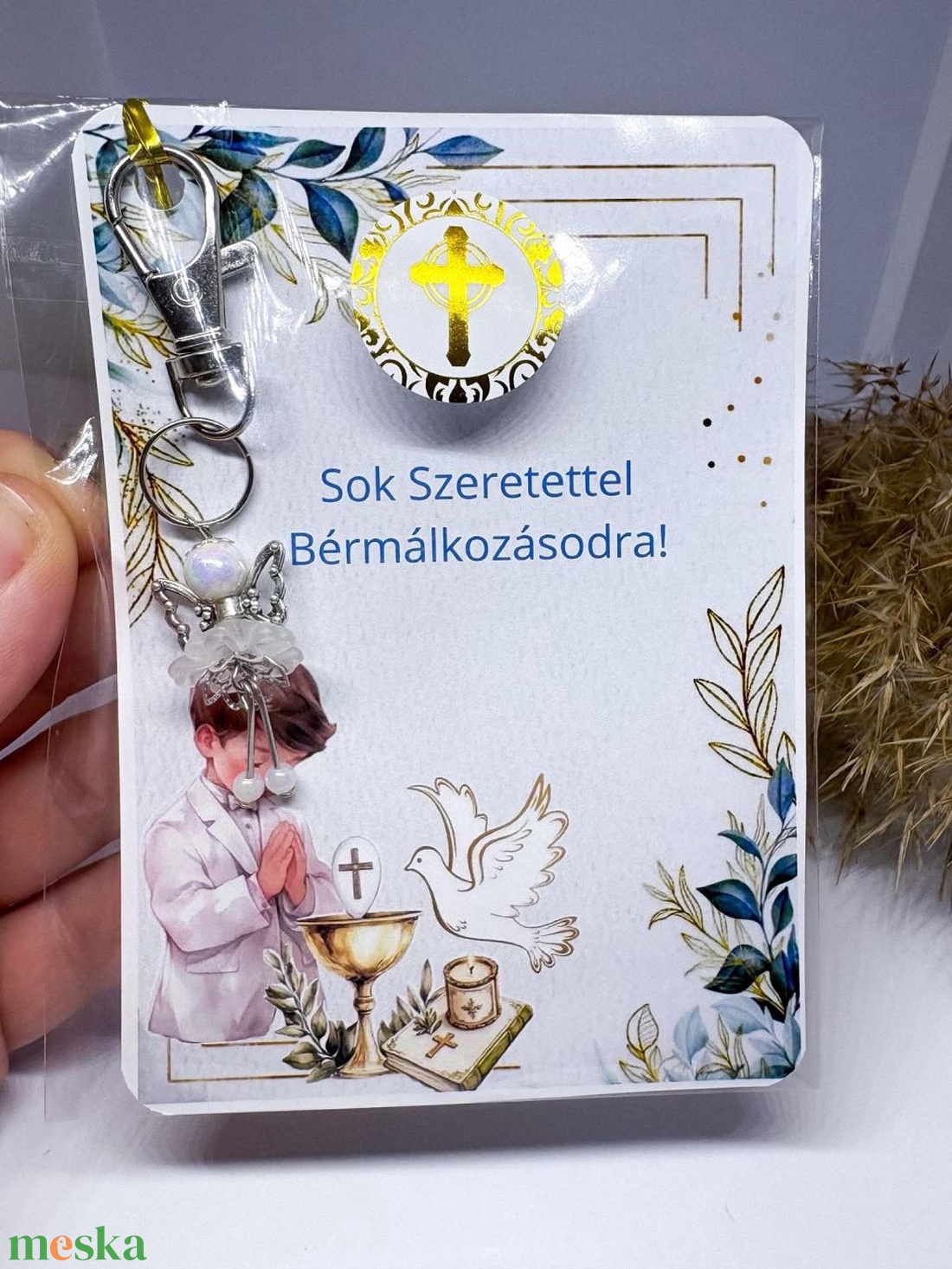 Bérmálkozási ajándék - Angyalka kulcstartó egyedi kísérőkártyán (Személyre szabható) - otthon & életmód - vallás - lánc & füzér - Meska.hu