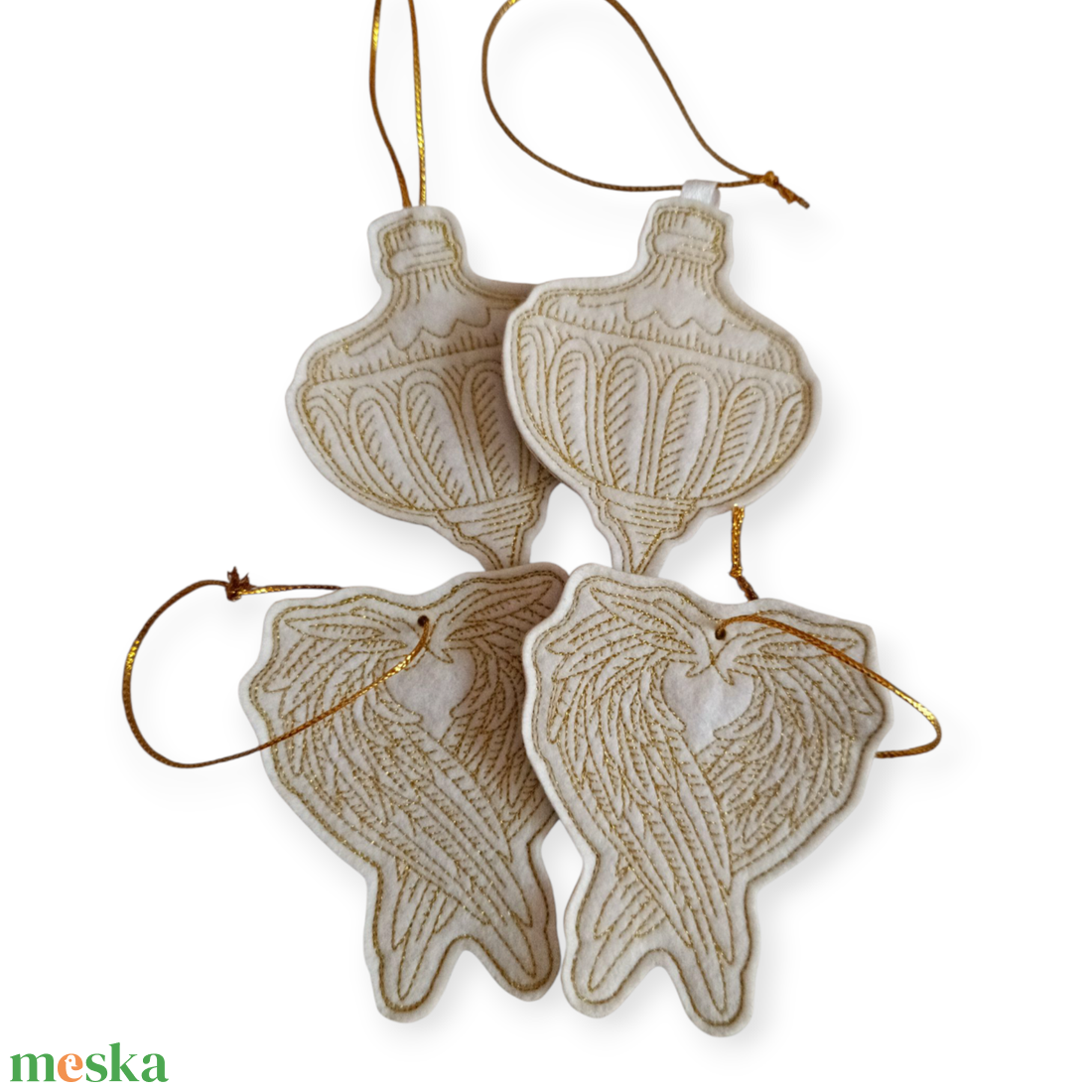 Fehér-arany vintage hímzett karácsonyi dísz 4 darabos csomag - karácsony - karácsonyi lakásdekoráció - karácsonyfadíszek - Meska.hu