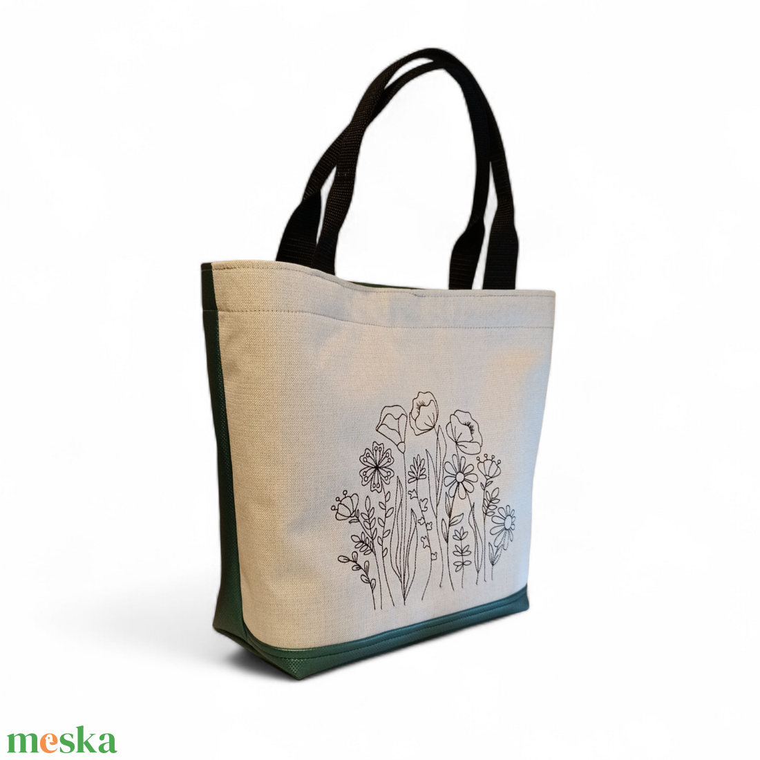 Vadvirágos hímzett zöld válltáska - táska & tok - bevásárlás & shopper táska - shopper, textiltáska, szatyor - Meska.hu