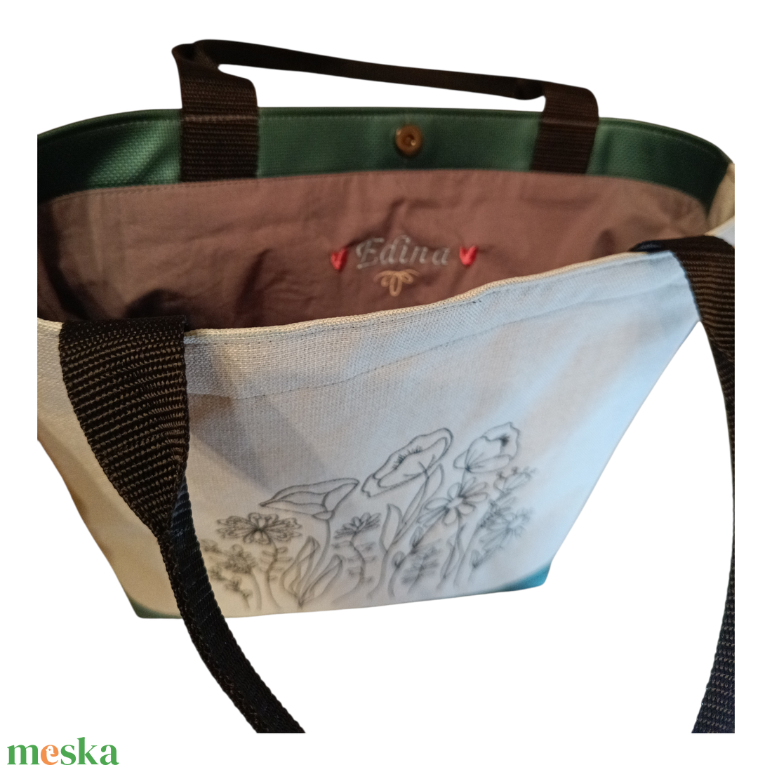 Vadvirágos hímzett zöld válltáska - táska & tok - bevásárlás & shopper táska - shopper, textiltáska, szatyor - Meska.hu
