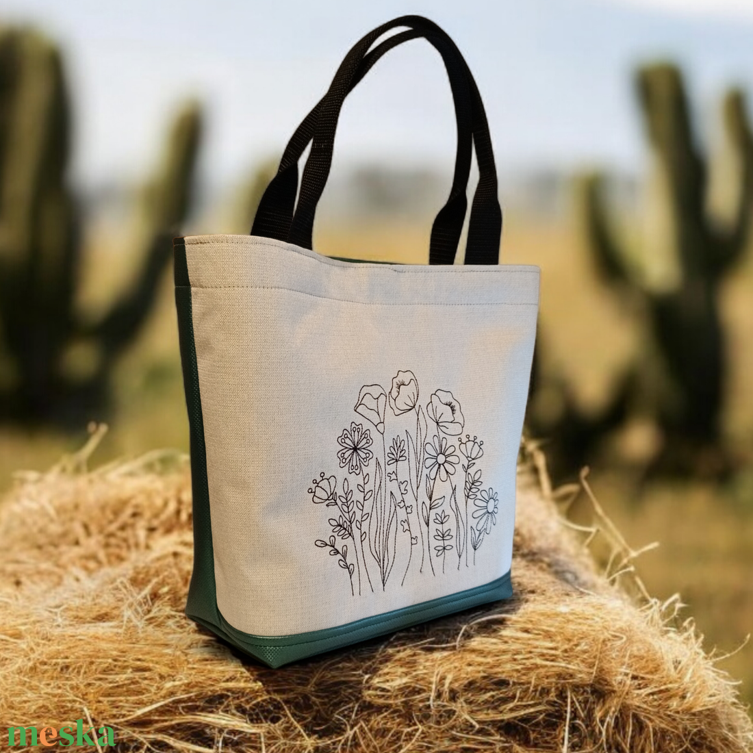 Vadvirágos hímzett zöld válltáska - táska & tok - bevásárlás & shopper táska - shopper, textiltáska, szatyor - Meska.hu