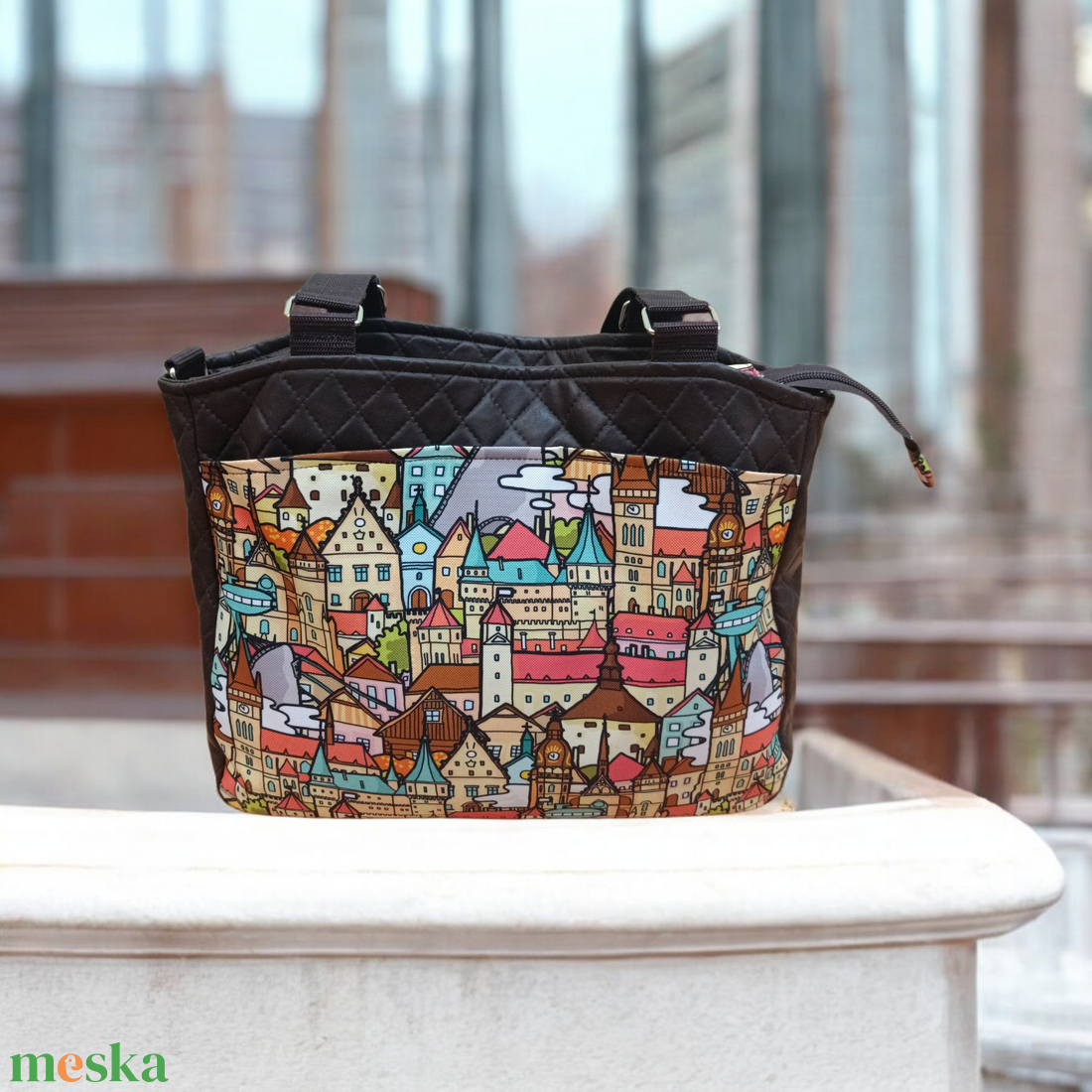 Barna városmintás női válltáska - táska & tok - kézitáska & válltáska - válltáska - Meska.hu