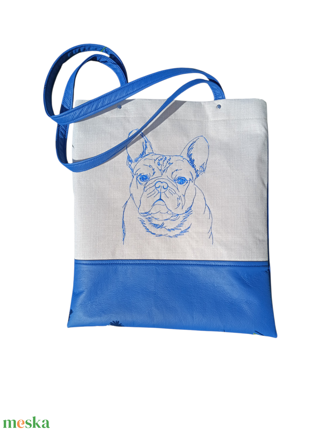 Bulldogos hímzett kék válltáska - táska & tok - bevásárlás & shopper táska - shopper, textiltáska, szatyor - Meska.hu