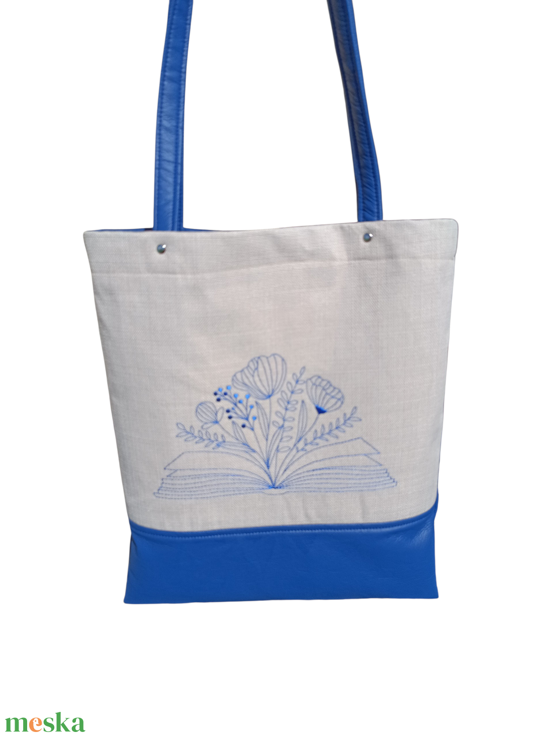 Virágos könyves hímzett kék válltáska - táska & tok - bevásárlás & shopper táska - shopper, textiltáska, szatyor - Meska.hu