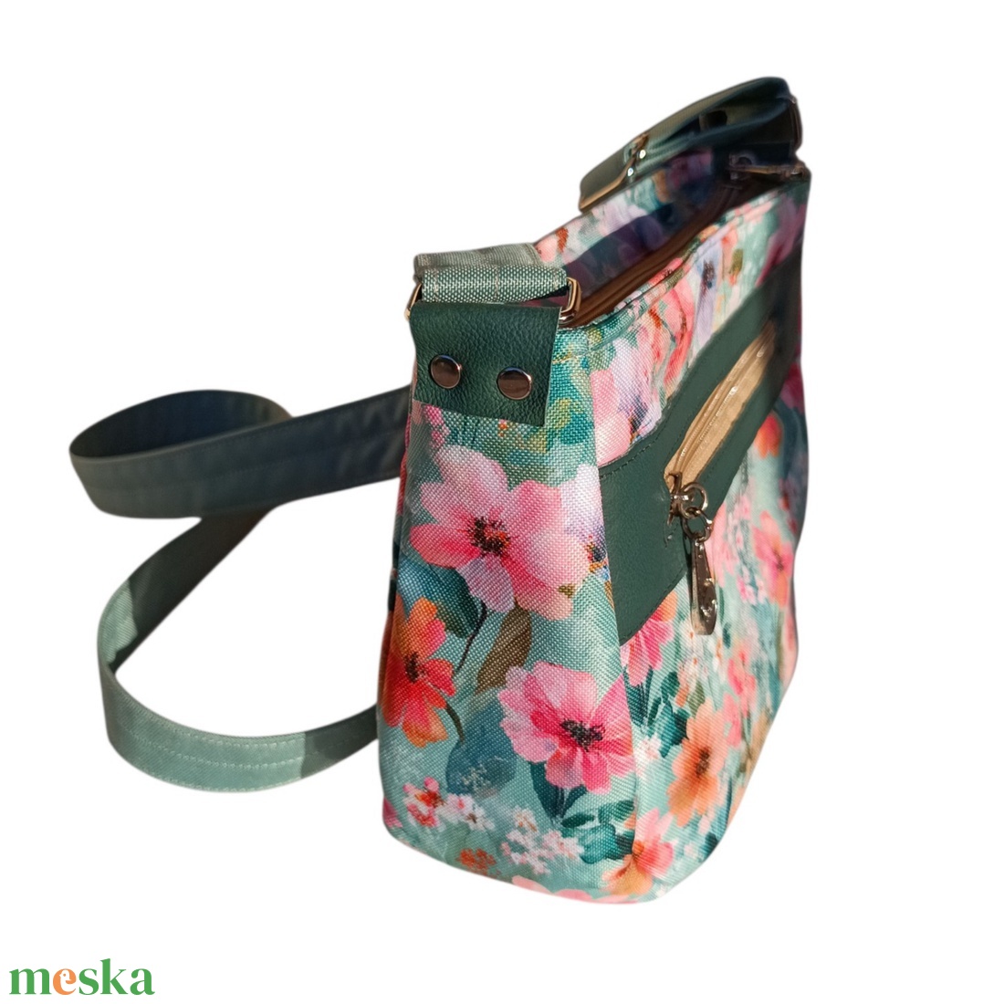 Türkiz virágos női válltáska, crossbody/ kistáska - táska & tok - kézitáska & válltáska - vállon átvethető táska - Meska.hu