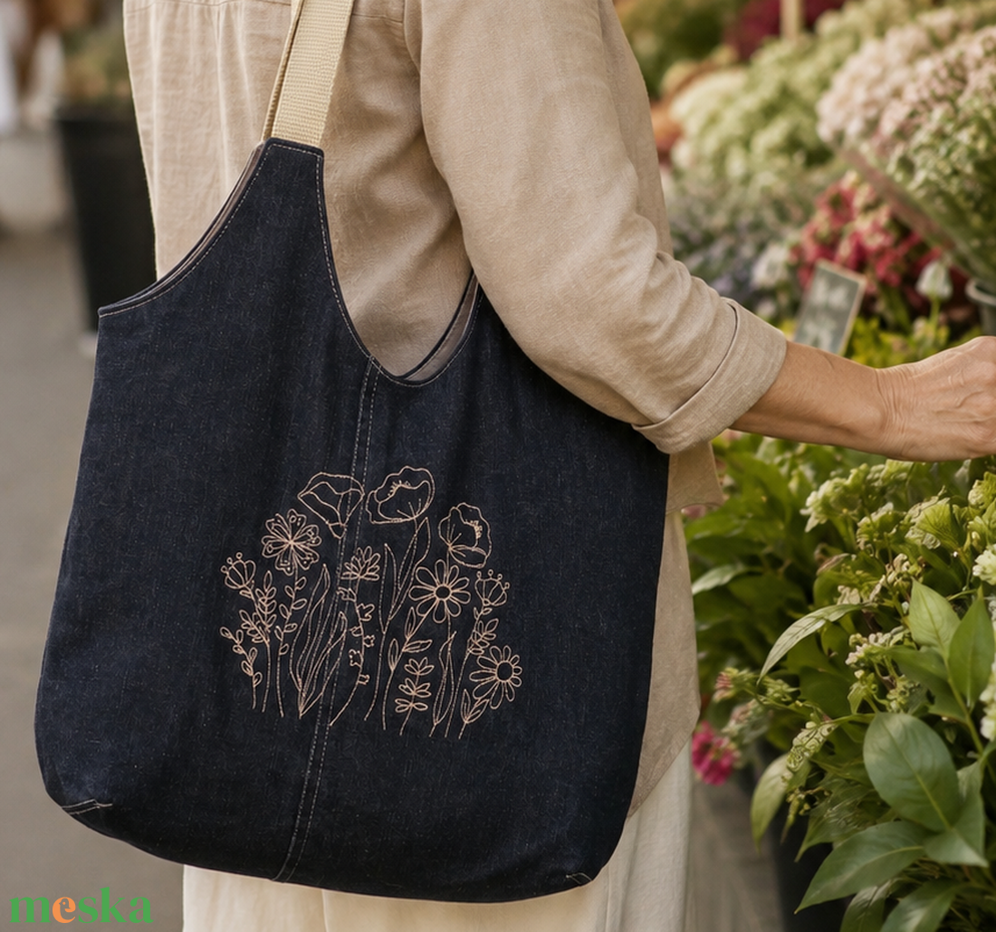 Hímzett farmer válltáska, shopper, bevásárló táska, textiltáska - táska & tok - bevásárlás & shopper táska - shopper, textiltáska, szatyor - Meska.hu