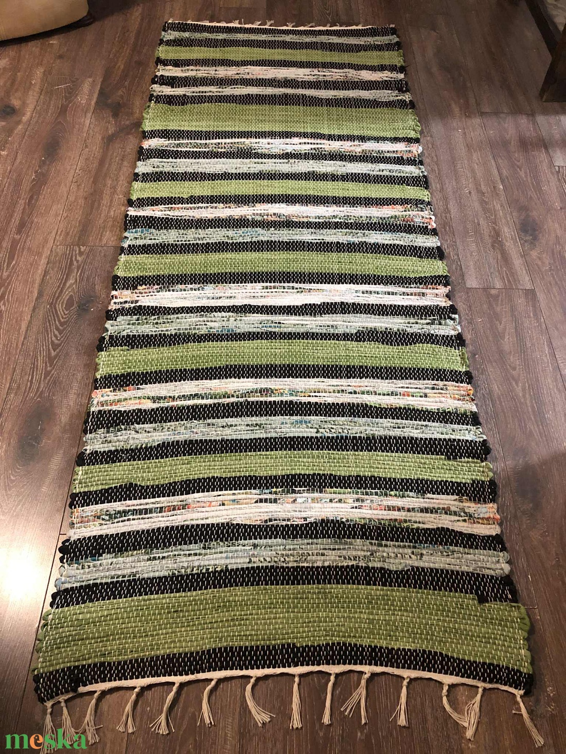 Zöld csíkos rongyszőnyeg - otthon & életmód - lakástextil - szőnyeg - szövött szőnyeg - Meska.hu