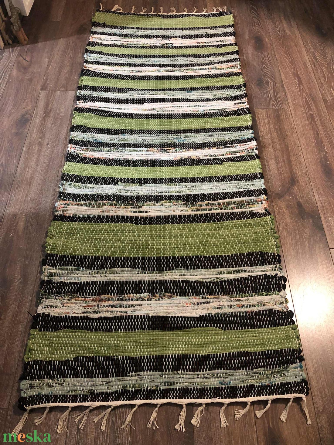 Zöld csíkos rongyszőnyeg - otthon & életmód - lakástextil - szőnyeg - szövött szőnyeg - Meska.hu