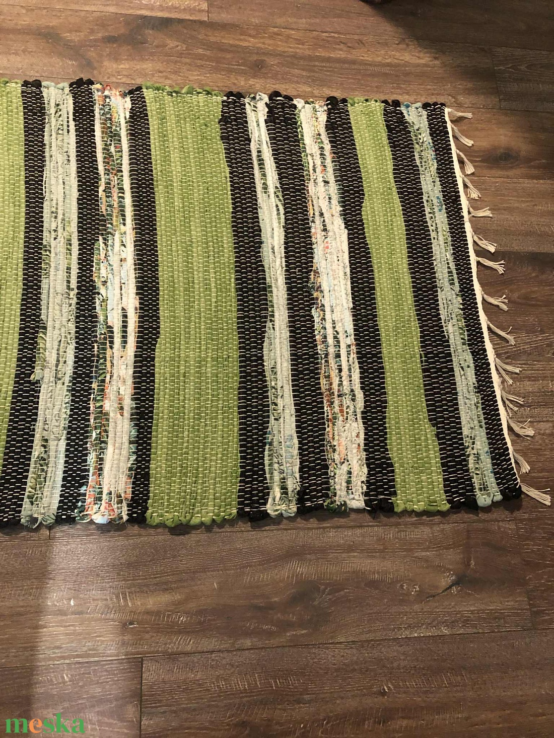 Zöld csíkos rongyszőnyeg - otthon & életmód - lakástextil - szőnyeg - szövött szőnyeg - Meska.hu