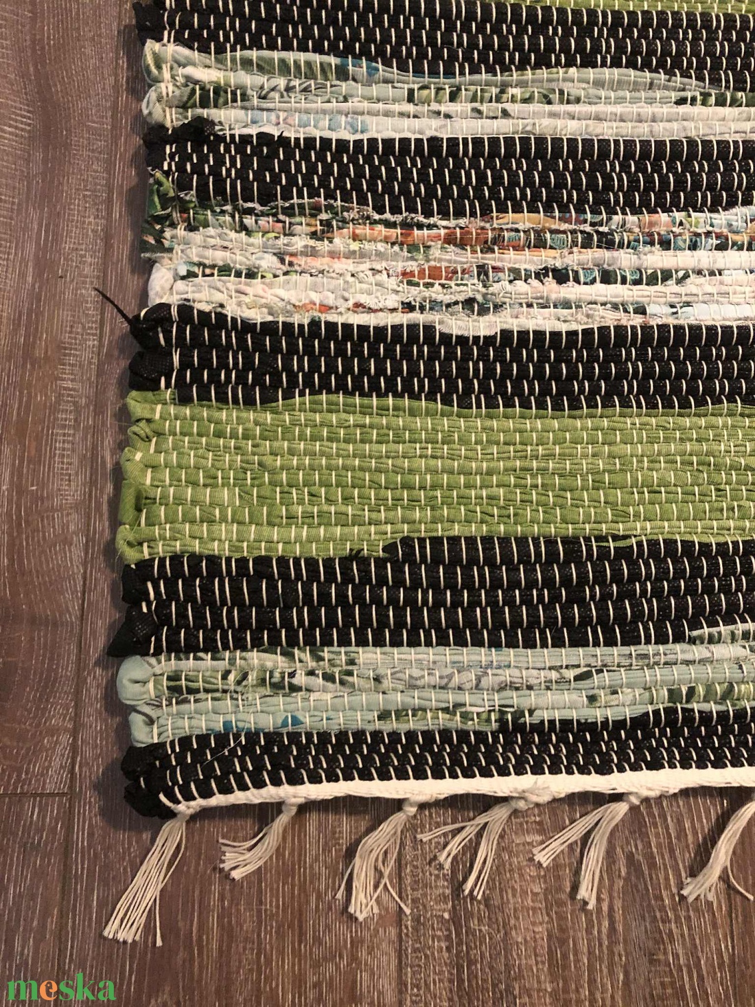 Zöld csíkos rongyszőnyeg - otthon & életmód - lakástextil - szőnyeg - szövött szőnyeg - Meska.hu