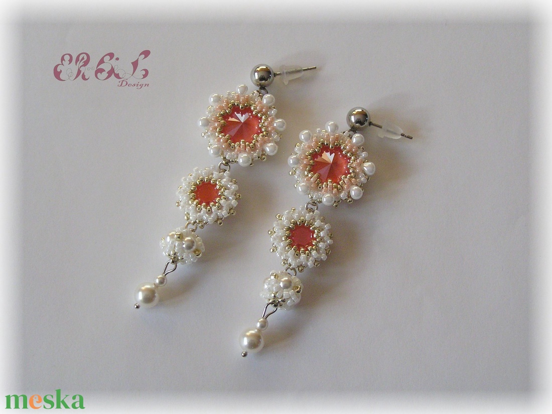 Korallpiros Swarovski fülbevaló  - ékszer - fülbevaló - lógó fülbevaló - Meska.hu