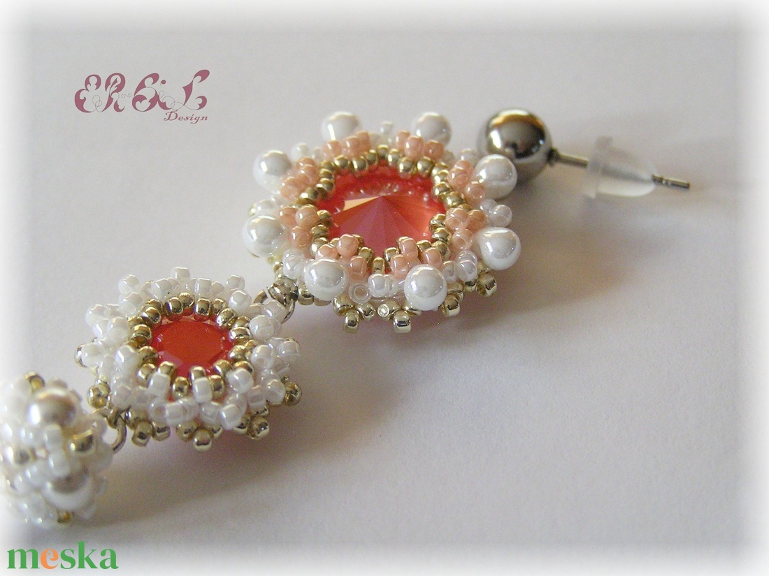 Korallpiros Swarovski fülbevaló  - ékszer - fülbevaló - lógó fülbevaló - Meska.hu