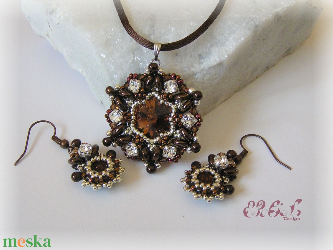 Sötétbarna - ezüst Swarovski szett - ékszer - ékszerszett - Meska.hu