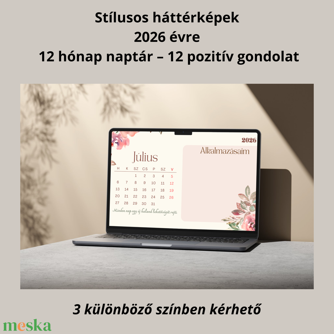 2026 Éves Háttérkép Csomag � 12 hónap naptár + pozitív mondatok - otthon & életmód - papír, írószer - naptár & tervező - Meska.hu