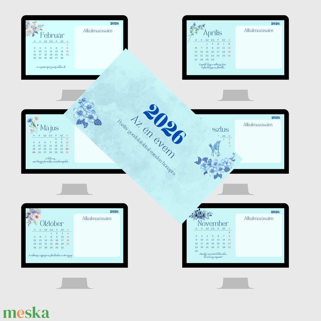 2026 Éves Háttérkép Csomag � 12 hónap naptár + pozitív mondatok - otthon & életmód - papír, írószer - naptár & tervező - Meska.hu