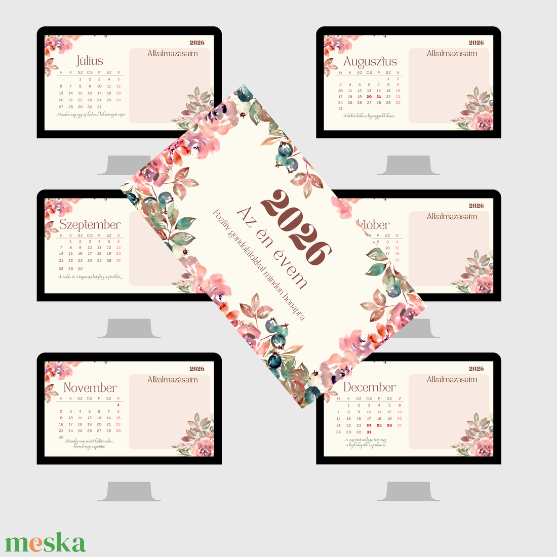 2026 Éves Háttérkép Csomag � 12 hónap naptár + pozitív mondatok - otthon & életmód - papír, írószer - naptár & tervező - Meska.hu