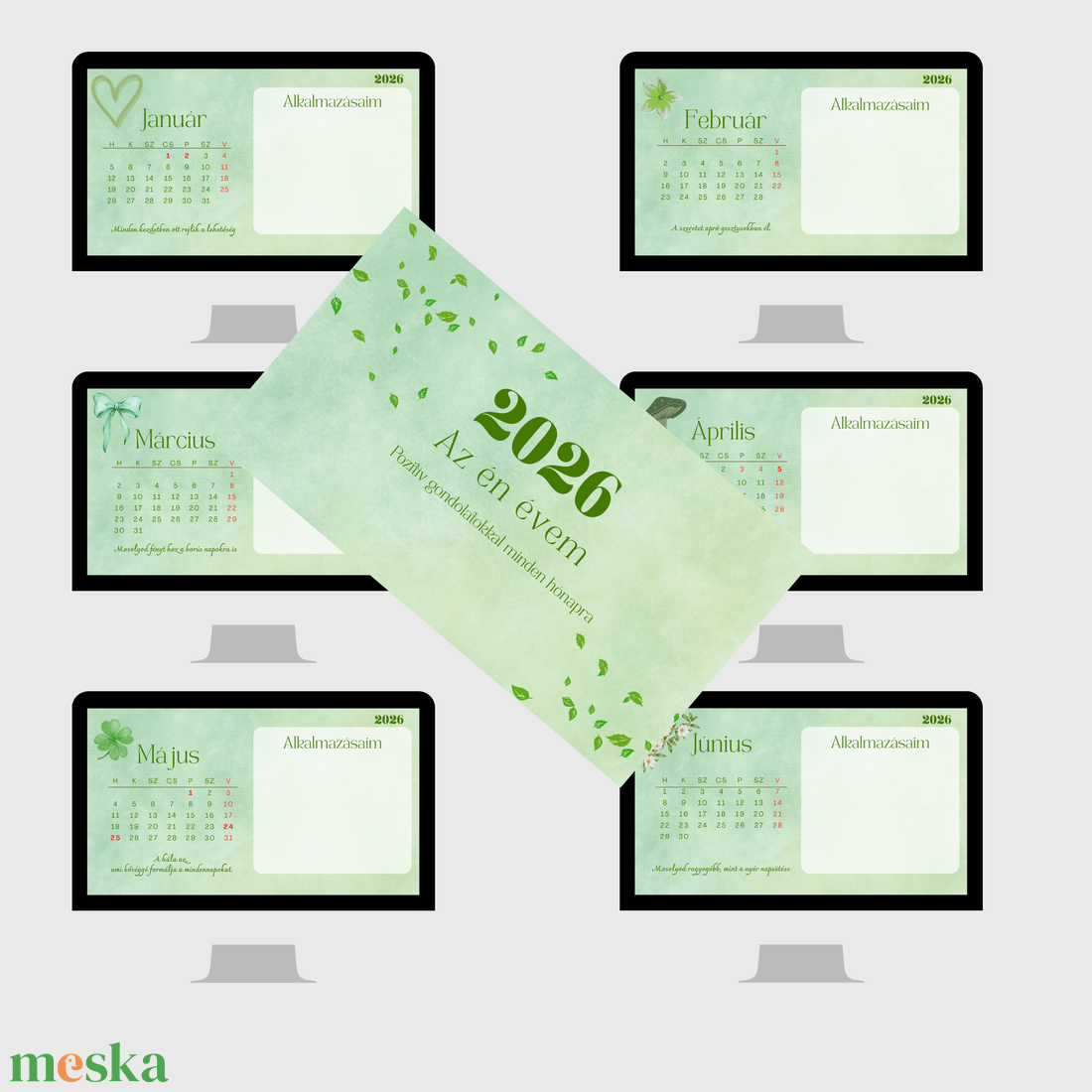 2026 Éves Háttérkép Csomag � 12 hónap naptár + pozitív mondatok - otthon & életmód - papír, írószer - naptár & tervező - Meska.hu