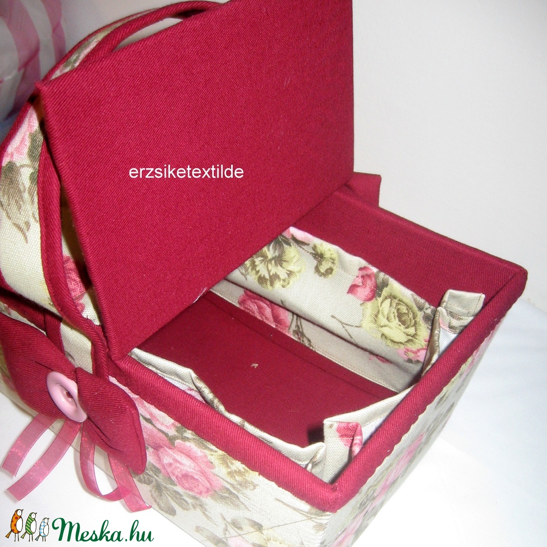 Varró- vagy kézimunka kosár bézs alapon rózsás -  - Meska.hu