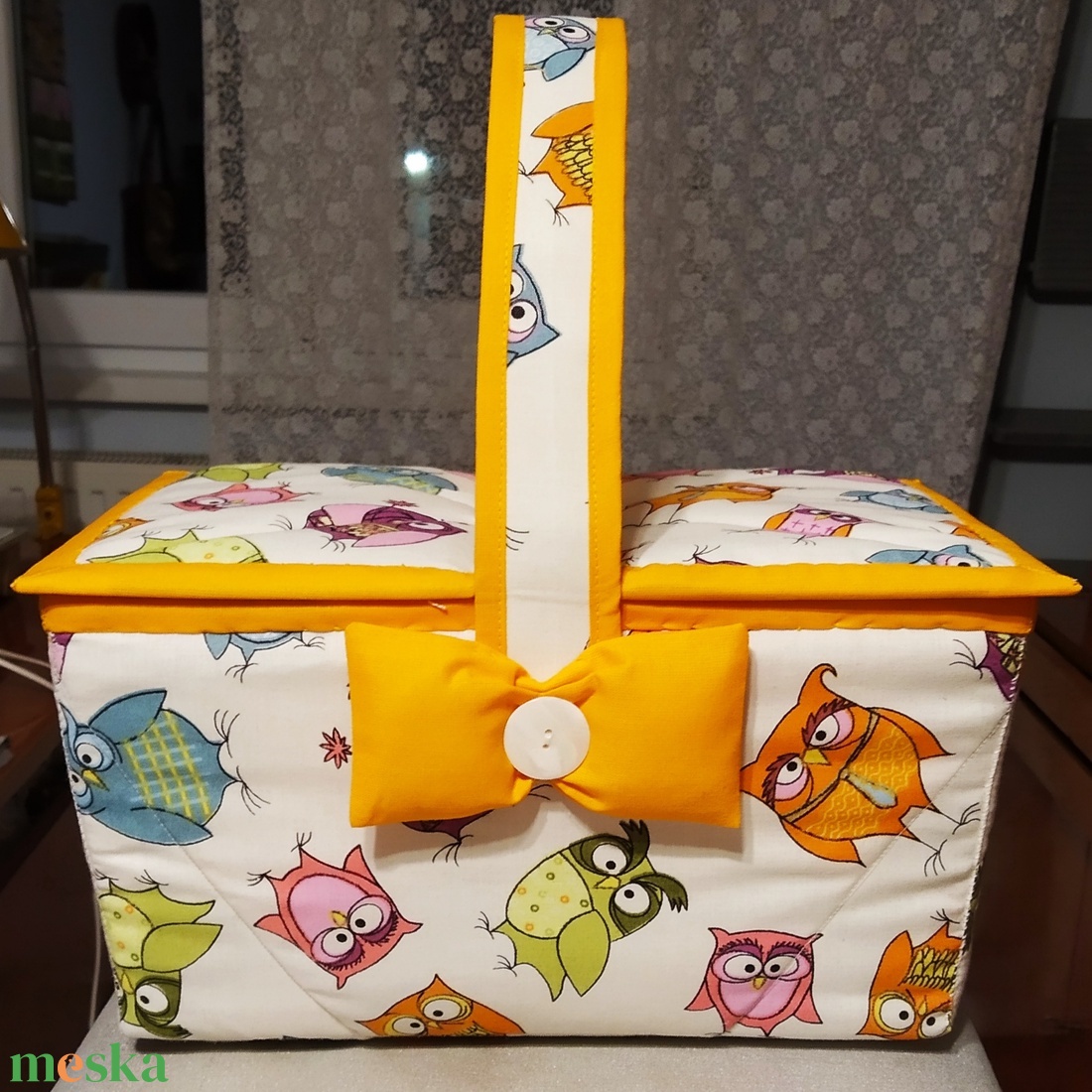 Varrókosár baglyos anyagból  - otthon & életmód - dekoráció - asztal és polc dekoráció - asztaldísz - Meska.hu