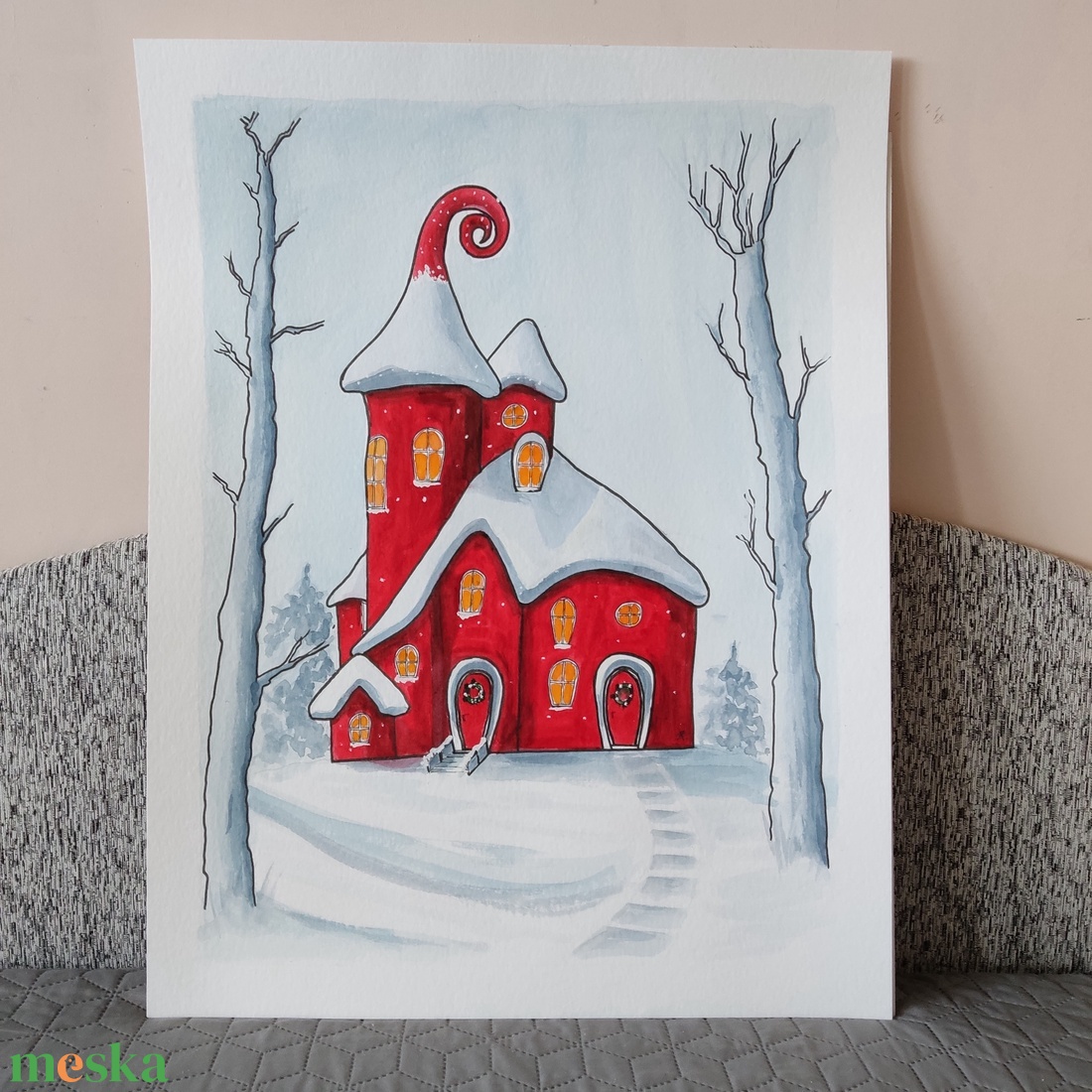 Akvarell - Piros házikó (2025.) - művészet - festmény - akvarell - Meska.hu