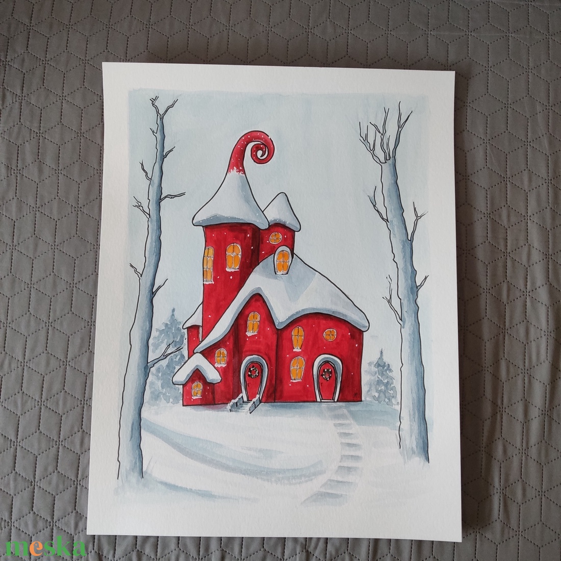 Akvarell - Piros házikó (2025.) - művészet - festmény - akvarell - Meska.hu