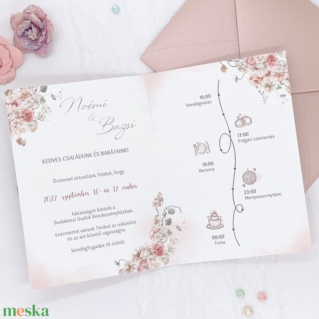 Krém- rózsaszín virágos kinyitható esküvői meghívó - esküvő - meghívó & kártya - meghívó - Meska.hu