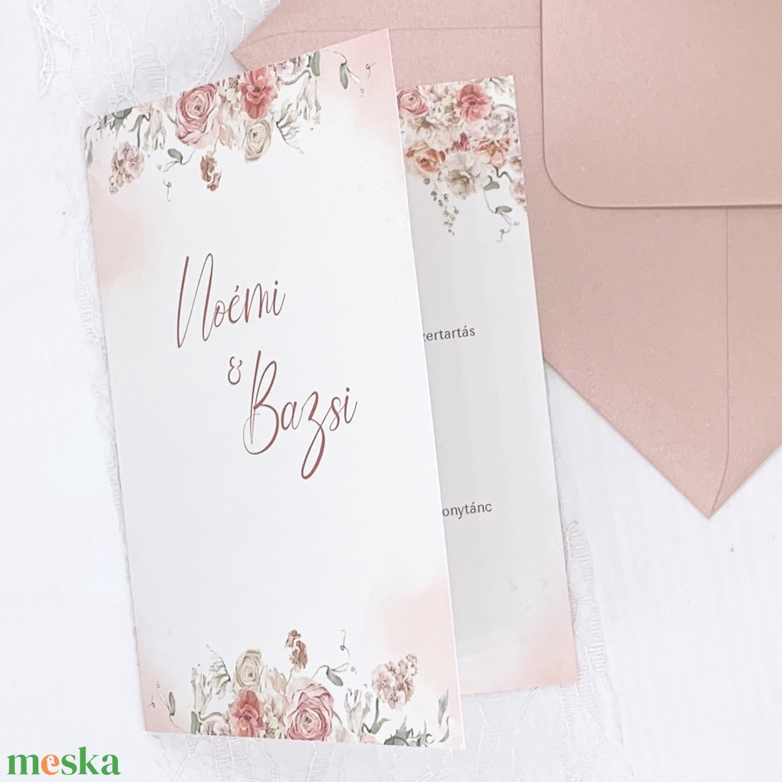 Krém- rózsaszín virágos kinyitható esküvői meghívó - esküvő - meghívó & kártya - meghívó - Meska.hu