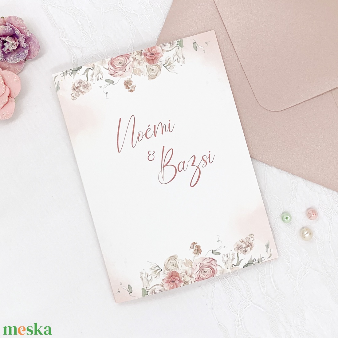 Krém- rózsaszín virágos kinyitható esküvői meghívó - esküvő - meghívó & kártya - meghívó - Meska.hu