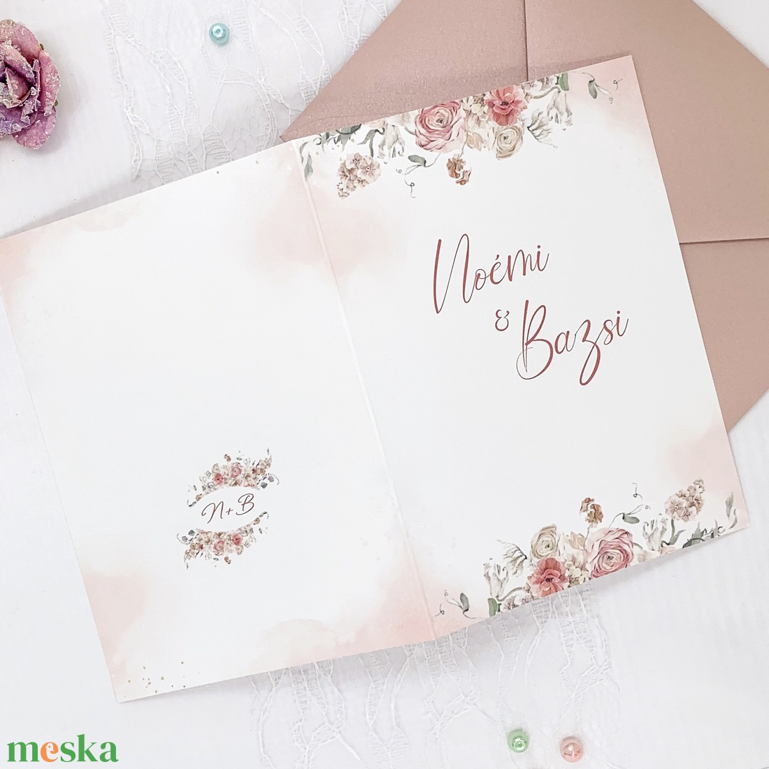 Krém- rózsaszín virágos kinyitható esküvői meghívó - esküvő - meghívó & kártya - meghívó - Meska.hu