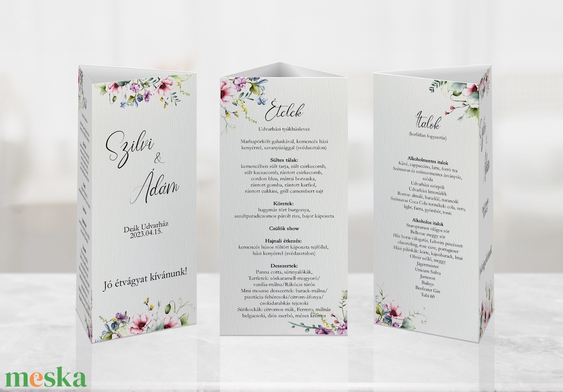 Színes virágos menükártya háromszögre hajtott - esküvő - meghívó & kártya - menü - Meska.hu