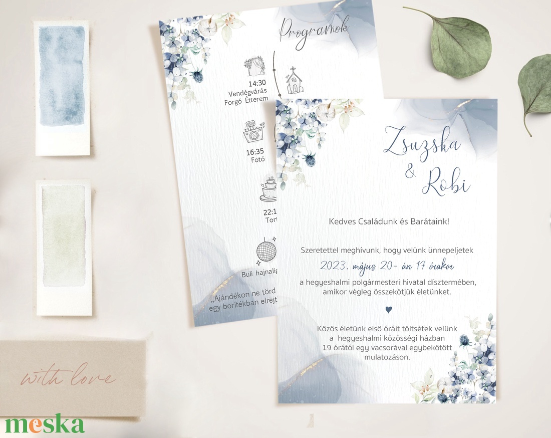 Kék virágos esküvői meghívó - esküvő - meghívó & kártya - meghívó - Meska.hu